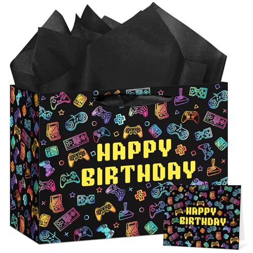 Hooqict Large Video Game Gift Bag Happy Birthday Gift Wrapping Bag with Handles, Tissue Paper and Greeting Cards for Kids Boys Men Video Game Birthday Party Decorations Supplies - color: Video Game