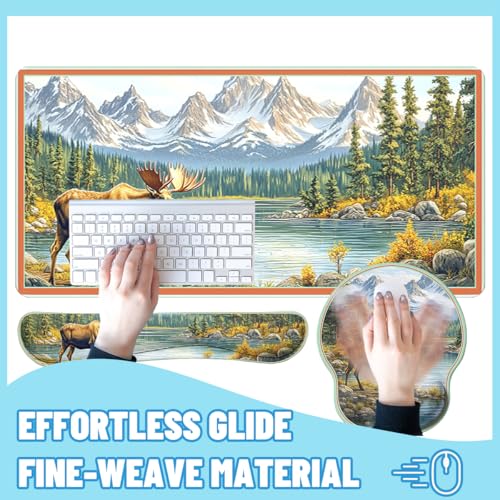 Moose Landscape Desk Mat Set Mountain Lake Large Mouse Pad with Wrist Rest 4in1 Desk Mat for Desktop Ergonomic Computer Desk Arm Wrist Anti-Slip Computer Ergonomic Mouse Pad Home Office Gaming - color: Moose Landscape
