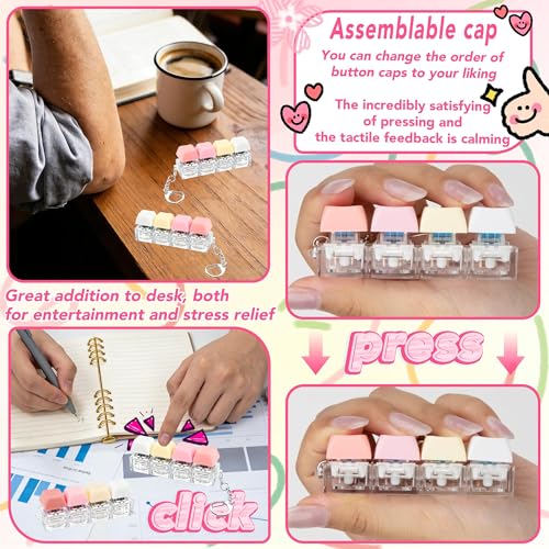 2 PCS 4-in-1 Keyboard Fidget Toy Keychain, Finger Clicky Button Toy Stress Relief Keychain with Swappable Keycaps, Mini Mechanical Key Fidget for Office Desk Focus Gifts (Pink Yellow White) - color: Pink Yellow White