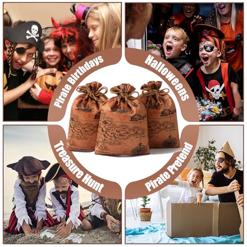 RICHNESS 16pcs Pirate Party Favor Bags Treasure Map Bag with Drawstring Closure Satin Party Loot Bags 4.5X6 Inches Goodie Bags - color: Brown