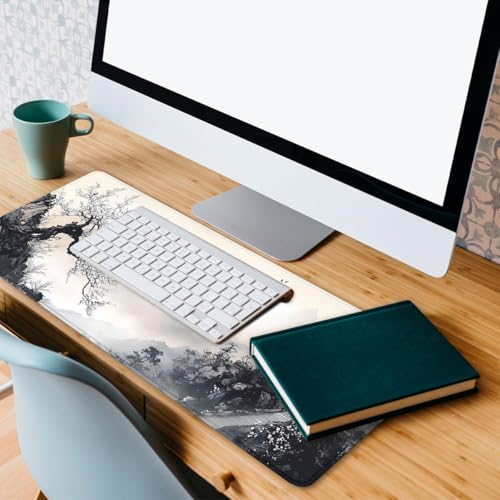 Japanese Mouse Pad Ink Landscape Mountain Pavilion Blossom Large Desk Mat Waterproof Stitched Edges Rubber Base Non-Slip Deskmap Computer Keyboard Mat 31.5 x 11.8 Desk Home Office Gaming - color: Japanese, size: 31.5" x 11.8"