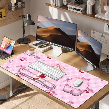 Cute Check Mouse Pad with Wrist Support 4 in1 Set, XXL Big Game Mousepad + Keyboard Wrist Rest + Mouse Wrist Rest Pad +Coaster Gaming Mat for Work Study Home Office I Pink Cherry & Bow Dream - color: Pink Cherry & Bow Dream
