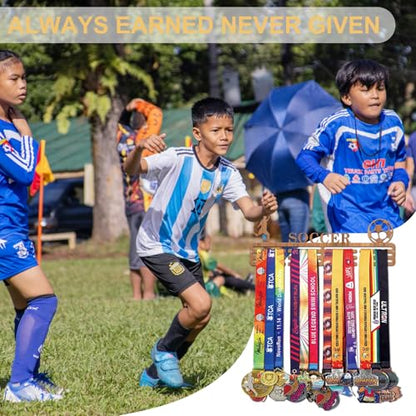 Resama Medal Hanger Holder Display Wall Rack Frame Shelf-Medal Hanger Awards Ribbon Soccer,Gymnastics,Holder Display Rack for 60 Medals - color: Soccer-Wooden