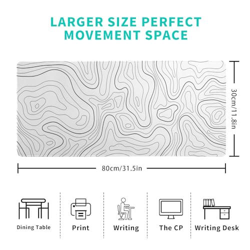 Topographic Contour White Gaming Mouse Pad XL Geographic Map Lines Extended Big Large Desk Mat Non-Slip Rubber Base Stitched Edge Long Keyboard Mousepad for PC Computer Laptop,31.5x11.8 Inch - color: White Topographic Contour