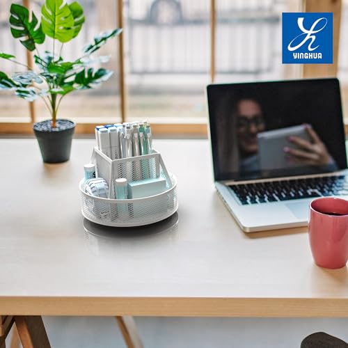 YINGHUA Metal Mesh Desk Organizer with 5 Compartments and Rotating Pencil Holder Pen and Stationery Organizer for Office Home School Anti Slip Base White - color: White