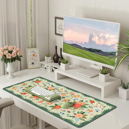 iCasso Floral Desk Mat for Keyboard and Mouse,Cute Gaming Mouse Pad XXL,Anti-Slip Desk Matt for Desktop,Soft Lycra Surface Computer Mat Women,Girly Big Mousepad for Home Office (Green Floral) - color: Green Floral
