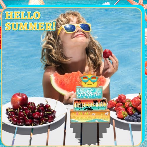 Britimes 4 Pcs Summer Wooden Tiered Tray Decor Set, Summer Sunshine Table Decor Ocean Beach Farmhouse Rustic Wooden Coffee Table Centerpieces for Home kitchen Office Decorations (Sunshine Style) - style: Sunshine