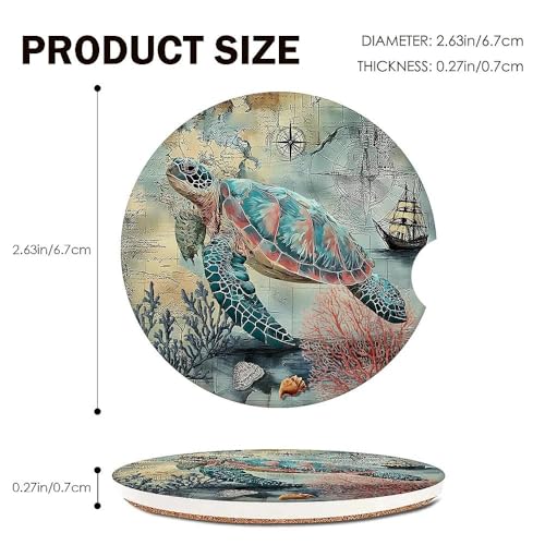 Sea Turtle Car Coasters Set of 2 for Cup Holder 2.63" Absorbent Ceramic Cup Coaster Non-Slip Cork Base Drink Coasters with Finger Notch Car Accessories Interior for Women Men - color: Sea Turtle