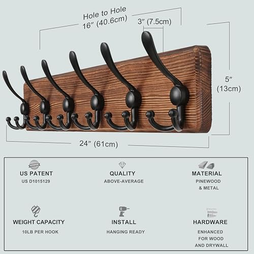 Dseap Coat Rack Wall Mounted - 24" Long 6 Tri Hooks, Heavy Duty Wooden Wall Coat Hanger Coat Hook for Clothes Hat Jacket Clothing, Natural and Black - color: Natural & Black, size: L=24"