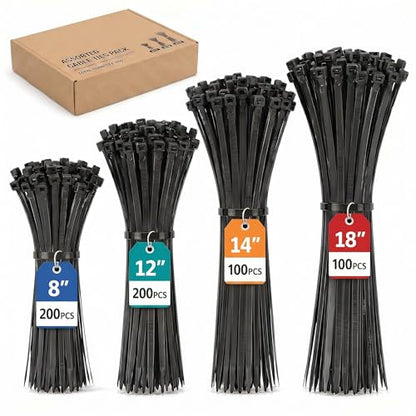 600 Pack Zip Ties Heavy Duty Assorted Sizes, Black UV Resistant Self-Locking Nylon Zip Ties for Indoor Outdoor Wire Management, Home, Office, Garden and Industrial Use - size: 8+12+16+18 600 Pack