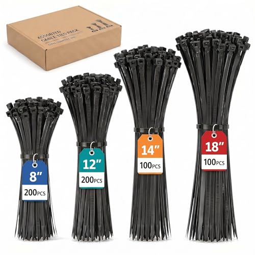 600 Pack Zip Ties Heavy Duty Assorted Sizes, Black UV Resistant Self-Locking Nylon Zip Ties for Indoor Outdoor Wire Management, Home, Office, Garden and Industrial Use - size: 8+12+16+18 600 Pack