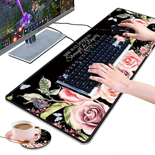 Desk Pad Gaming Mouse Pad + Wrist Rest Support Pad + Coaster, 31.5" × 11.8" Durable Non-Slip Extended Computer Mouse Pad, Suitable for Office and Home, Bible Verses Proverbs 31:25 - color: Bible Verses Proverbs 31:25