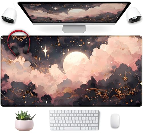 Pink Black Clouds Desk Mat XXL Large Extended Gaming Mouse Pad Celestial Mousepad with Stitched Edges, Office Desktop Decor Desk Pad Computer Mat, Laptop Keyboard and Mouse Mat, 31.5x15.75 in - color: Pink Black Clouds