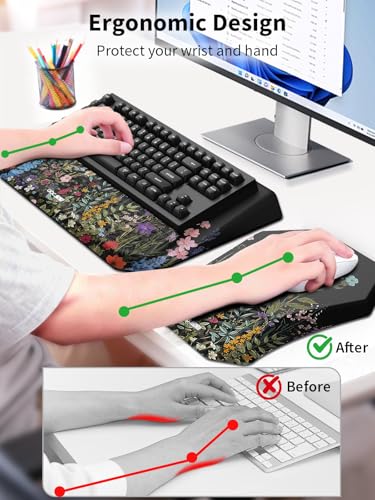 3-in-1 Ergonomic Keyboard Stand with Wrist Rest & Mouse Pad Set, Comfy Keyboard Riser Holder Soft Mousepad with Massage Design, Memory Foam and Non-Slip PU Base for Pain Relief, Flower - color: Black Flower