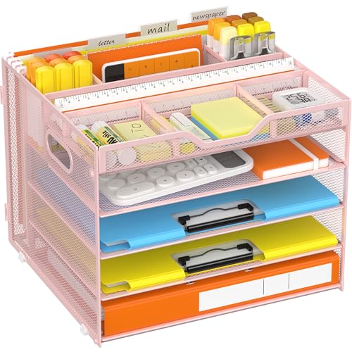 Docnest 5 Tier Letter Tray with Hanging File Organizer-Mesh Desk Organizer-Desktop Storage Box Built in Pen Holder and Handles, File Folder Holder for Mail Documents Office Supplies-Pink - color: 5 Tier Hanging File Organizer-pink