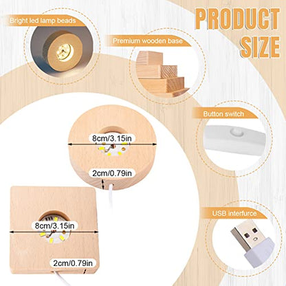 4pcs Wooden Light Base, Round & Square Crystal Sphere Pedestal Stand with USB Cable Switch, Light Display Base for Illuminate 3D Crystal Ball Aroma Stone Resin Art Ornament