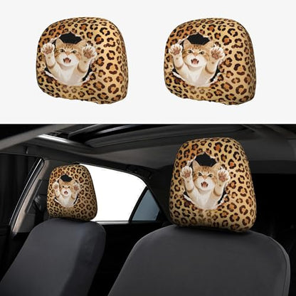 Funny Cat Car Headrest Covers 2 Pack Universal Size Cheetah Print Head Rest Cover Auto Accessories - color: Leopard Gold