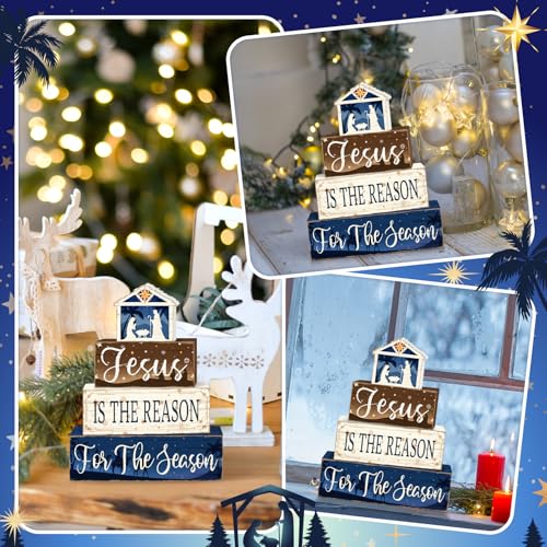 Britimes 4 Pcs Christmas Wooden Tiered Tray Decor Set, Nativity Scene Jesus Table Decor Rustic Farmhouse Holiday Wooden Coffee Table Centerpieces for Home Kitchen Office Decorations - style: Jesus Religious