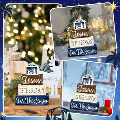 Britimes 4 Pcs Christmas Wooden Tiered Tray Decor Set, Nativity Scene Jesus Table Decor Rustic Farmhouse Holiday Wooden Coffee Table Centerpieces for Home Kitchen Office Decorations - style: Jesus Religious