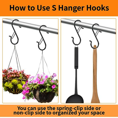 12 PCS S Hooks for Hanging with Safety Buckle | 3.5 inch Heavy Duty Metal S Shaped Hooks for Kitchen Utensil, Cups, Pots, Plants, Bags, Hats (Black) - color: Black