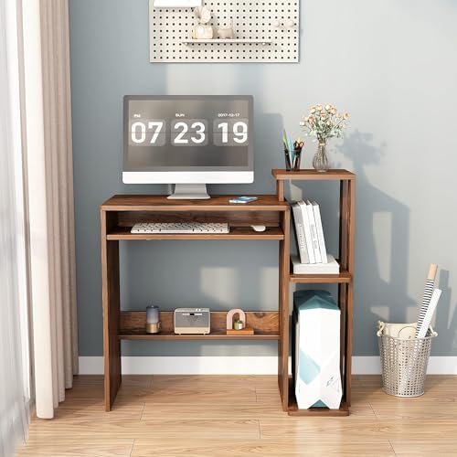 35" Compact Computer Desk with 3-Tier Storage Shelves & Keyboard Tray – Small Study Table for Bedroom or Home Office (Brown) - color: Brown