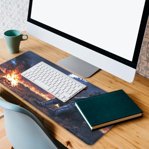 Medieval Knight Gaming Mouse Pad Dark Fantasy Magic Campfire Large Desk Mat Extended Large Laptop Keyboard Non-Slip Rubber Base with Stitched Edges for Home 31.5 x 11.8 Desk Home Office Gaming - color: Medieval Knight, size: 31.5" x 11.8"