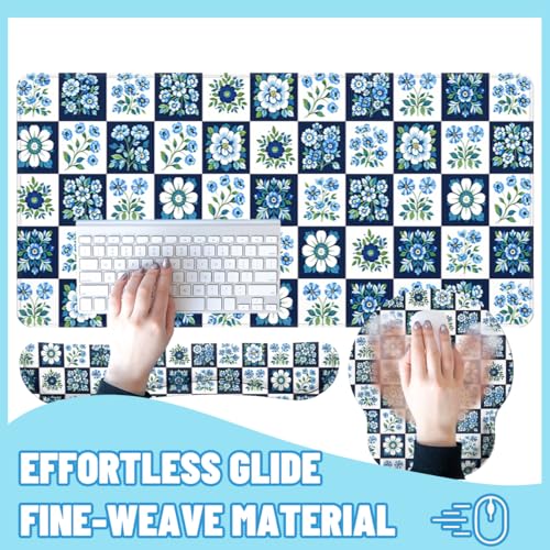 Blue Floral Tile Desk Mat Set Classic Check Botanical Mouse Pad with Wrist Rest 4in1 Desk Mat for Desktop Ergonomic Computer Desk Arm Wrist Anti-Slip Computer Ergonomic Mouse Pad Home Office Gaming - color: Blue Floral Tile