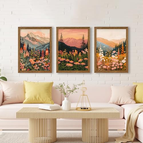 InspiredHues Colorful Landscape Boho Canvas Wall Art Set, 3 Piece Wildflower Mountain Wall Decor, Vintage Floral Rustic Nature Artwork Prints for Living Room Bedroom Office 16x24 Inch Wood Framed - color: Landscape, size: 24"L x 16"W