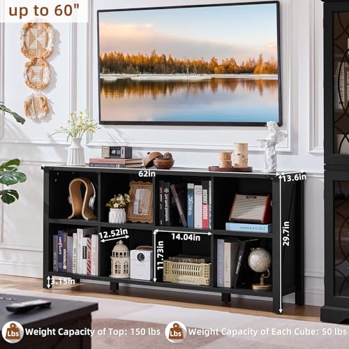 Joaxswe 8 Cube Book Shelf, Farmhouse Wood Long Storage Organizer Bookcase, 62" Horizontal Black Console Closet Bookshelf, Hallway TV Stand for Entryway, Display Cabinet Book Case for Living Room - color: Black, size: 8 Cube (13.6"D x 62"W x 29.7"H)