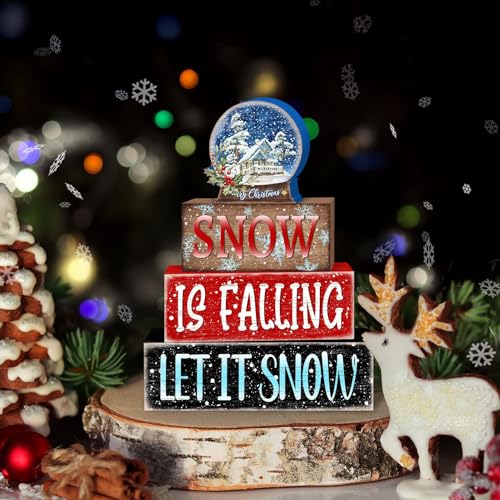 Britimes 4 Pcs Winter Table Decor Christmas Snow Globe Tiered Tray Decorations Set Snowflake Block Signs Gift Rustic Farmhouse Tabletop Decor for Table & Home Office - style: Snow Globe Christmas