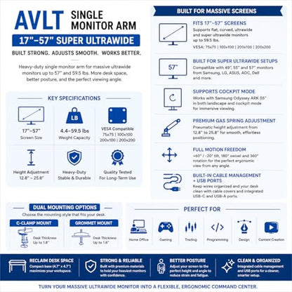 AVLT Single 17"-57" Super Ultrawide Monitor Arm - Black | Screens Up to 59.5 lbs Premium Aluminum Desk Stand Adjustable Pneumatic Height Full Motion Swivel Tilt Rotation USB-C&A Ports - color: Black-17 to 57 Inch