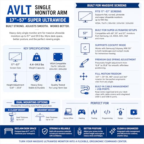 AVLT Single 17"-57" Super Ultrawide Monitor Arm - White | Screens Up to 59.5 lbs Premium Aluminum Desk Stand Adjustable Pneumatic Height Full Motion Swivel Tilt Rotation USB-C&A Ports - color: White-17 to 57 Inch