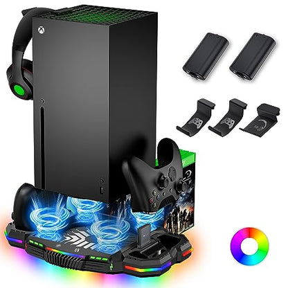 Cooling Fan with Charging Station for Xbox Series X Console and Controller - Vertical 15 RGB Modes Cooler Stand System, Low-Noise, Effectively Reduce Console Temperature and Quickly Charge Controller
