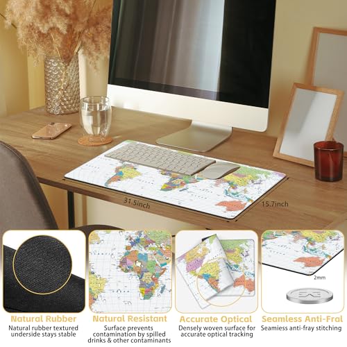 World Map Desk Mat Large Mouse Pad Gaming Mousepad 31.5 x 15.8 in | Desk Pad for Keyboard and Mouse, Large Non-Slip Rubber Base Mousepad Desk Mat with Stitched Edges for Gaming Office - color: Colored Map
