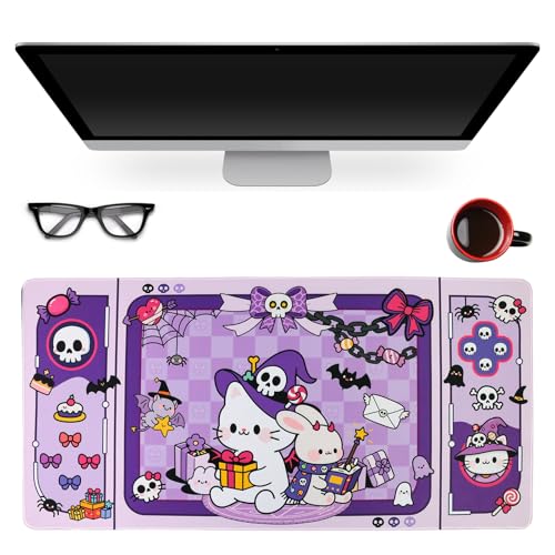 PERFECTSIGHT Cute Cat Desk Pad Kawaii Kitty Desk Mat, Large Gaming Mouse Pad, Funny Halloween Deskmat Mousepad, Anime Laptop Keyboard Pad Office Home Decor for Women Girls, Purple - color: Purple