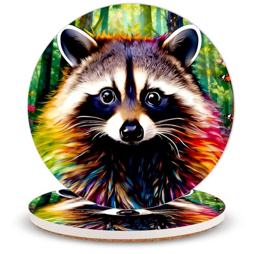 Raccoon Ceramic Coasters of 2 with Cork Backing Absorbent Cup Coaster | Non-Slip Coasters for Drinks and Coffee Table Office Desk Home Decor, Gifts for Raccoon Fans, Mom, Animal Lovers - color: Raccoon