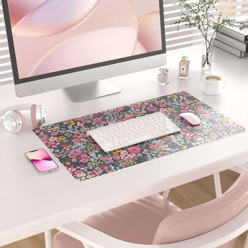 Colorful Star Large Mouse Pad, Floral Desk Mat Office Supplies, Waterproof Faux Leather Big Gaming Mousepad for Women Girls, Blooming Flowers Desk Pad Home Office Décor Accessories 23.6" x 13.8" - color: Blooming Flowers, size: 23.6L x 13.8W inches