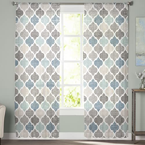 Moroccan Sheer Curtains 84 Inch Length 2 Panels Set for Living Room/Bedroom, Geometric Quatrefoil Plaid Blue Grey Geo Morocco Semi Curtain Sheers Drapes Rod Pocket Curtains Window Treatment Set - color: Morocco, size: 52"W x 84"L (Pack of 2)