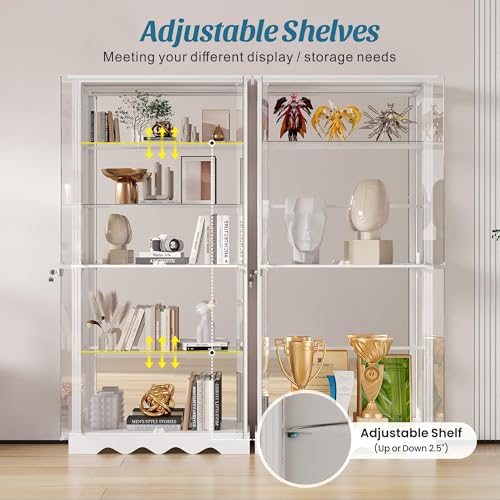 Dystler Display Cabinet with RGB LED Lights & Glass Doors, 5-Tier, White | Human Sensor Lighting, Flexible Storage with Adjustable Shelves, Modern Design Curio Cabinet - color: Pure White