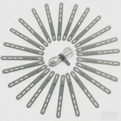 24 Pack Silicone Cable Ties, Cord Wrap for Home Office Travel Organizer | reusable, durable, adjustable, waterproof, elastic wire straps, multipurpose desk organization charger cord management holder - color: Grey