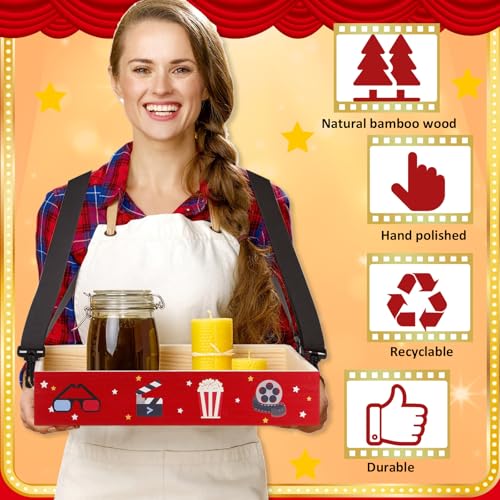 Movie Night Trays with Strap 15 x 10 x 3 Inch Wooden Snack Tray Party Wearable Serving Trays Usherette Popcorn Drink Beverage Carrier for Theater Family Room Film Carnival Prop Supplies(Party Style) - style: Party Style