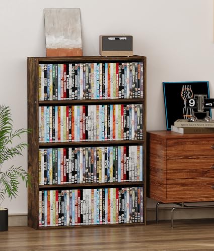 4 Tier DVD Storage Shelf, Media Storage Tower for CDs & Video Games, Freestanding Organizer Shelf for Living Room Home Office, Holds 160+ DVDs(Amber Pine)