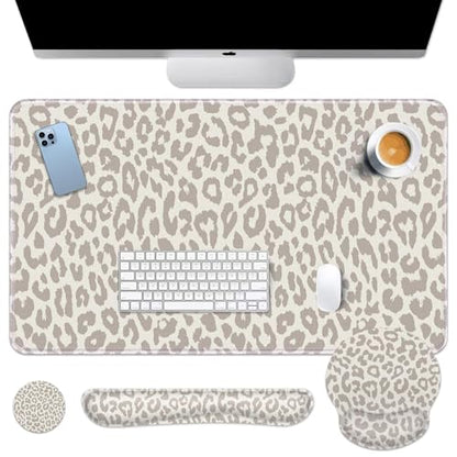 Arttown Leopard Light Khaki Desk Mat Animal Skin Mouse Pad Set 4 in 1 Ergonomic Design Large Desk Pad + Keyboard Wrist Rest + Mouse Wrist Rest + Coaster Suitable for Home Office Study Game - color: Light Khaki Leopard
