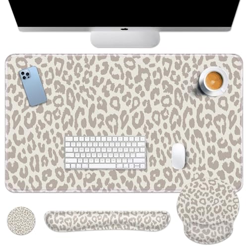Arttown Leopard Light Khaki Desk Mat Animal Skin Mouse Pad Set 4 in 1 Ergonomic Design Large Desk Pad + Keyboard Wrist Rest + Mouse Wrist Rest + Coaster Suitable for Home Office Study Game - color: Light Khaki Leopard