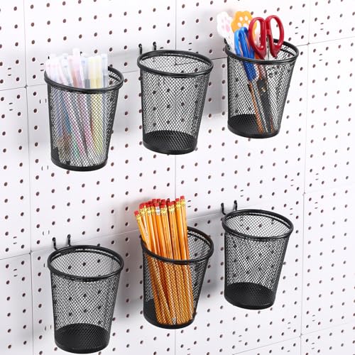 Spakon 6 Sets Pegboard Cups with Ring Hook, Peg Board Baskets Bin Holder Organizer Accessories Pegboard Pencil Cup Multipurpose Metal Pen Holder for Office Garage(Black,3.15x5.24x4.33'',Regular) - color: Black, size: 3.15x5.24x4.33'', style: Regular