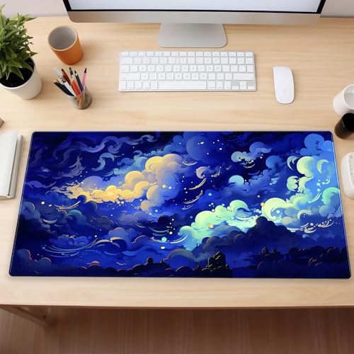 Anime Starry Night Desk Mat XXL - Celestial Clouds Large Gaming Mouse Pad | Fantasy sky aesthetic keyboard mousepad for gaming setup, waterproof smooth cloth surface with non-slip rubber base. - color: Blue Clouds