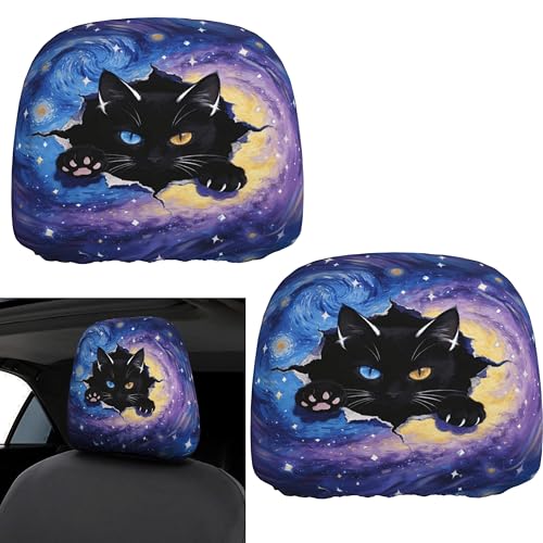 Purple Sky Headrest Covers for Car Universal Head Rest Cover 2 Pack Cool Cat Print Auto Accessories Decor - color: Purple Sky Cat
