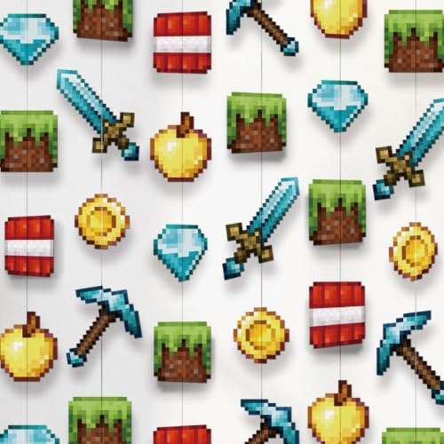 Cheerland Pixel Party Birthday Decorations Gaming Themed Wall Banner Hanging Miner Garland Streamers Photo Backdrop Room Decor Block Mine Cube Craft Ceiling Theme Bedroom Decoration Supplies NO DIY