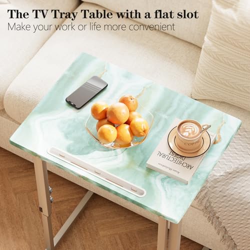 Folding Tv Tray Table,6 Height Adjustable Dinner Snack Slide Under Couch Side Table, Portable Foldable C-Shaped End Table for Eating with Sturdy MDF Top,No Assembly(Sea Blue+Silver) - color: Sea Blue+silver