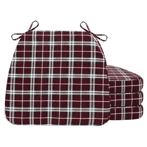 AAAAAcessories D-Shaped Chair Cushions, 2" Thick Dining Chair Pads with Ties and Removable, Machine-Washable Cover, 17" x 16", Set of 4, Red Checkered - color: Red Checkered, size: 4 Count(Pack of 1)